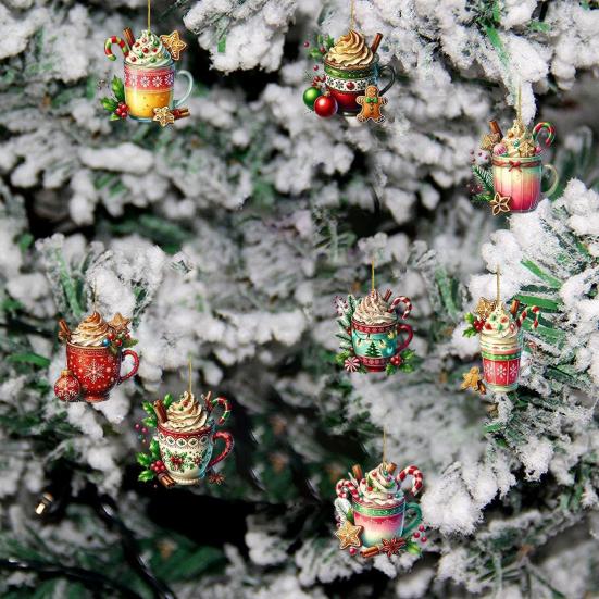 8 шт. Рождественские украшения, подвесные чашки кофе какао, украшения для рождественской елки, 2D, плоские акриловые украшения
