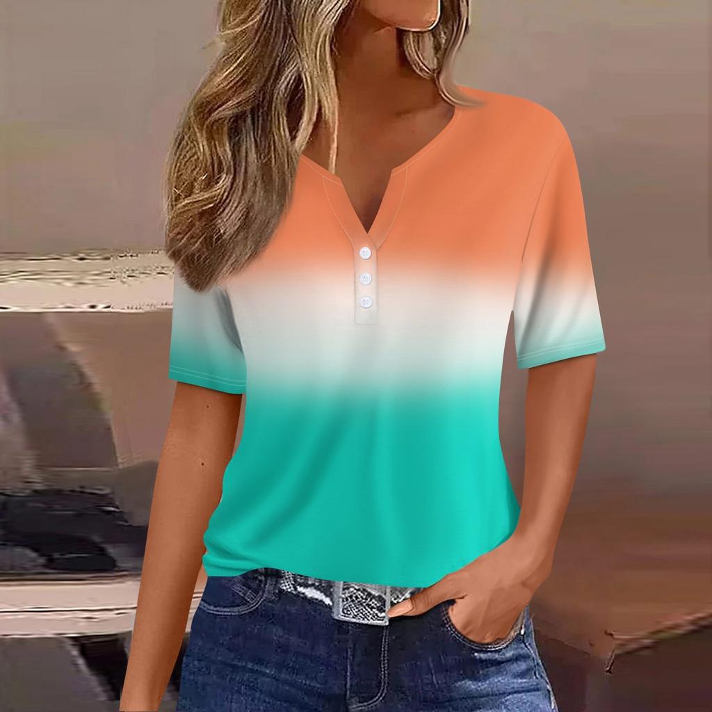 Жен. Футболка Футболка С принтом Пуговицы С короткими рукавами Повседневные Выходные Мода Классический V-образный вырез Обычный Верх