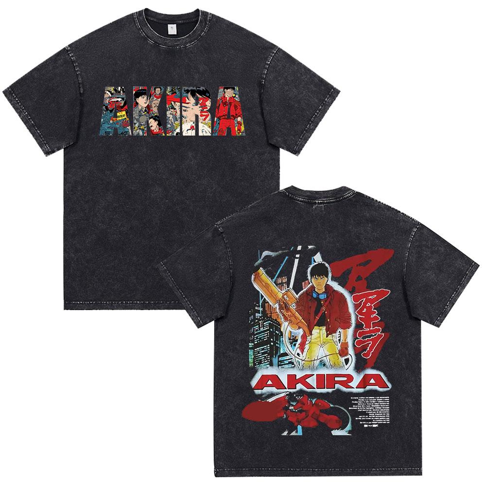 Akira Anime Tshirt Men Vintage Washed Black Oversized Streetwear Cotton Short Sleeve Graphic Tees Unisex Tops
