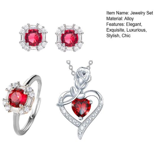 Комплект украшений в виде сердечек из красного циркония с ожерельем и серьгами из стразов, комплект колец, романтические аксессуары на день рождения, подарок на День святого Валентина