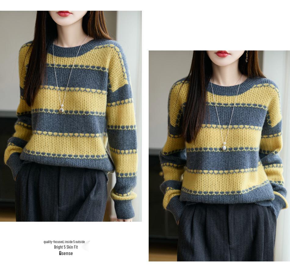 Women's Striped 100% Wool Sweater: Round Neck, Color Block, Loose Fit Knitwear, Plus Size, European Style.