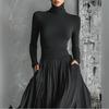 Женский черный топ с высоким воротом и длинными рукавами в комплекте с плиссированной юбкой миди