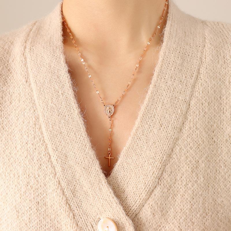 Vintage Geometric Portrait Cross Pendant Necklace Titanium Steel Personality Temperament Versatile Collarbone Chain Jewelry