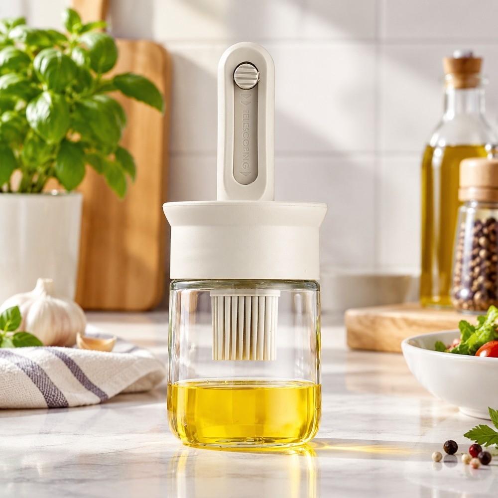 Retractable Oil Dispenser Heat-Resistant Oil Container Oil Jar with Built-in Oil Brush Household