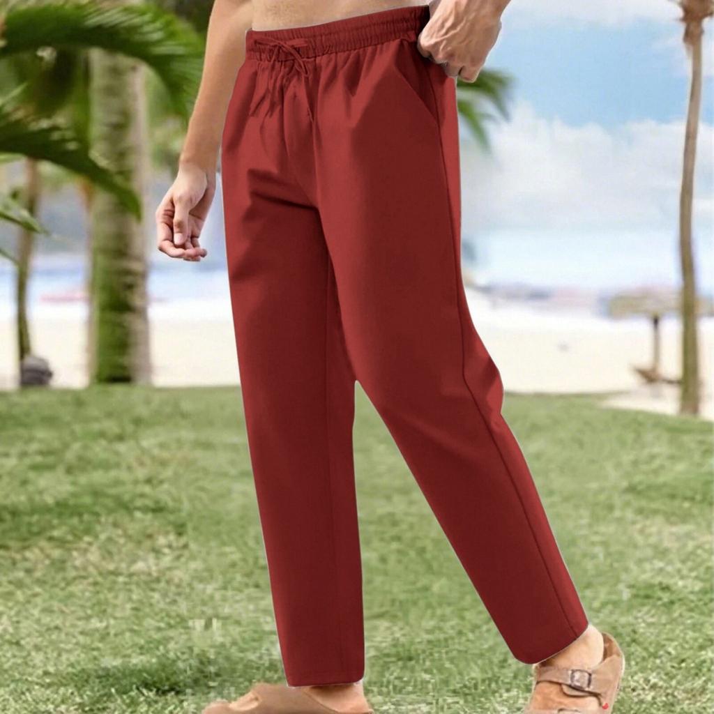 Льняные повседневные брюки мужские с эластичной талией и завязками на шнурке летние брюки для йоги и пляжа