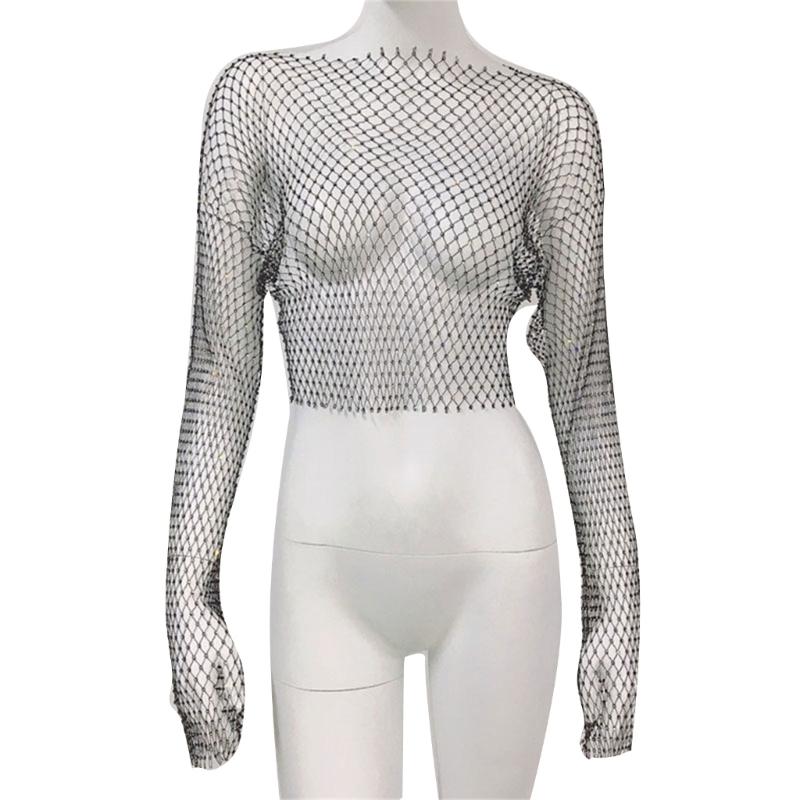 Women Rhinestones Mesh Flared Long Sleeve Crop Top Hollow Out See Through Fishnet Jewelry Cover Up Rave Party Clubwear