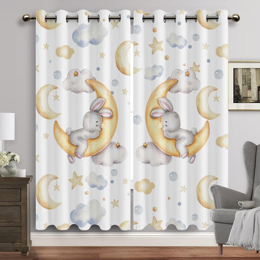 Занавески для окон с изображением животных из мультфильмов, гостиная, акварель, кролик, медведь, люверсы, шторы с принтом луны, новые шторы для детской комнаты, бесплатная доставка