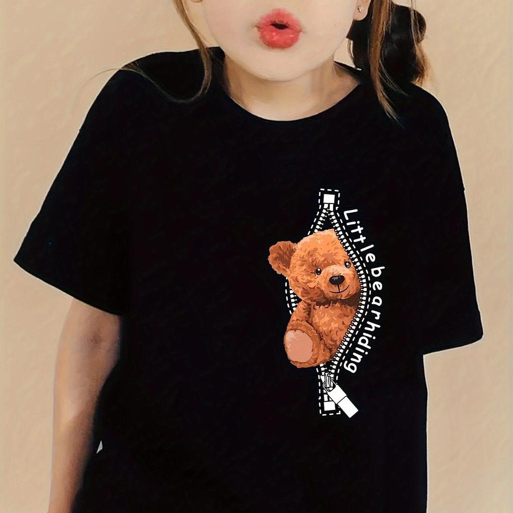 Креативные футболки с графическим принтом «Мультяшный кот и медведь», удобная футболка с круглым вырезом и коротким рукавом, детская одежда, летние топы для девочек