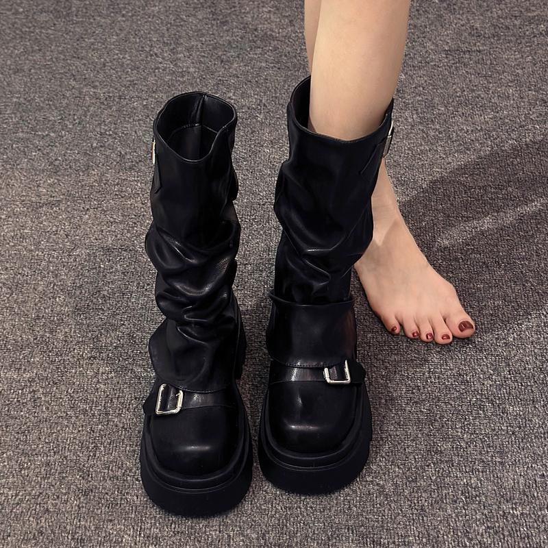 Мода 2024 года, горячая распродажа, новые женские ботинки до середины голени с круглым носком и толстым каблуком, однотонные износостойкие ботинки для женщин, Botines Mujer