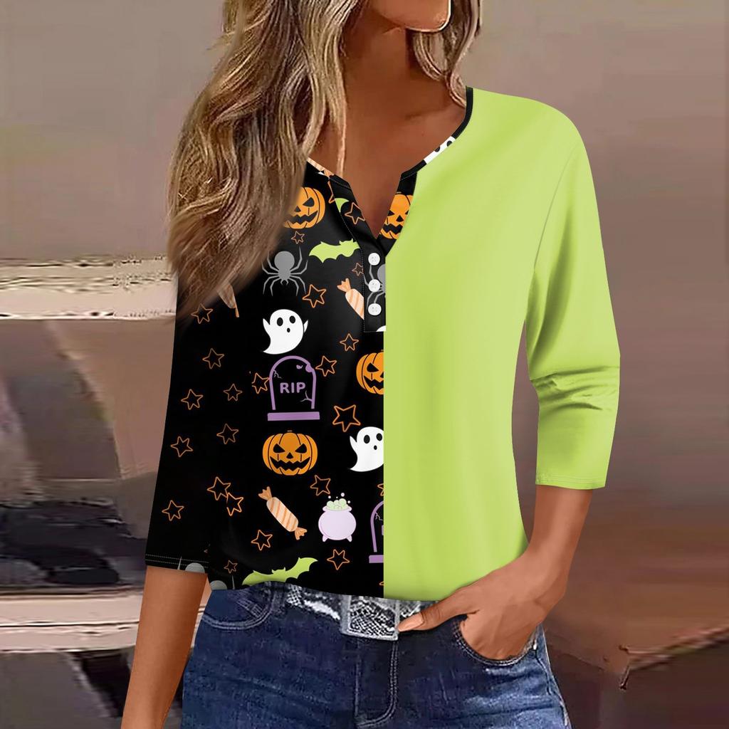Women's T Shirt Tee Halloween Print Button  3/4 Sleeve Daily Weekend Fashion Basic V- Neck Regular Top