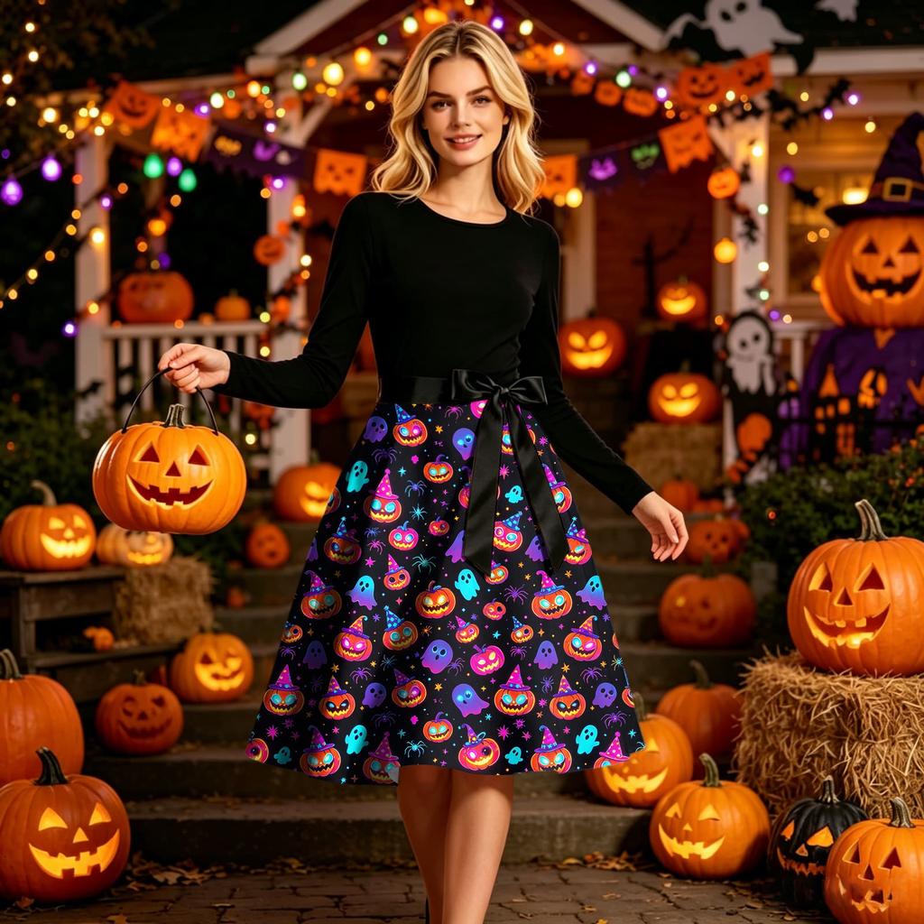 Women Round Neck Halloween Print Dress Long Sleeve Casual Style A Line Dress with Waist Tie for Holiday Party