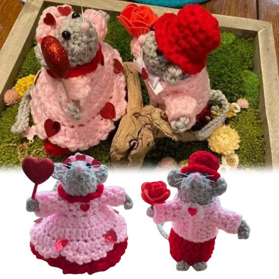 1 пара вязаных крючком мышей, пара мышей, ручная работа, украшения ко Дню святого Валентина, кукла-мышь для стола, каминной полки, прикроватного столика