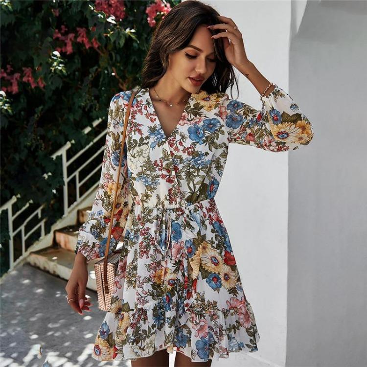 Summer Floral Print Mini Dress Women Sleeve Chiffon A-Line Lace Up High Waist Spring Black White Navy S-XXL