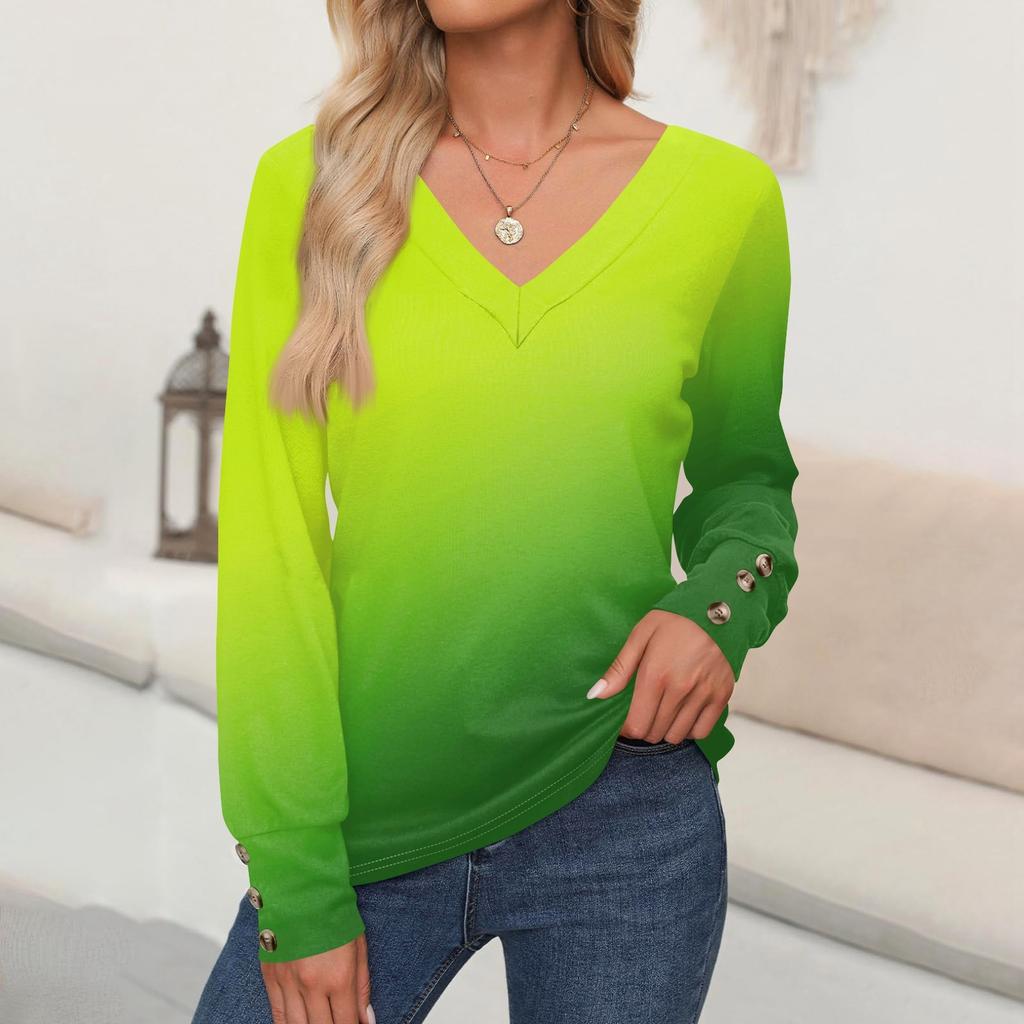Women's Tops Gradient Printed Long Sleeve Shirt V Neck Casual Loose T-Shirt Autumn Clothing