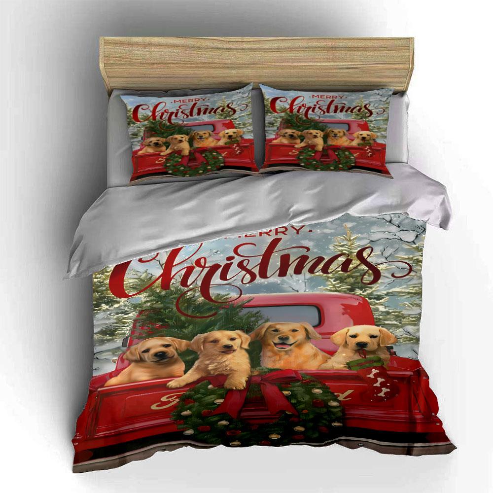 Golden dogs, Christmas truck. Bedding sets Duvet cover sets Duvet covers Pillowcases(1 * Duvet Cover 2 * Pillowcases without duvet insert)