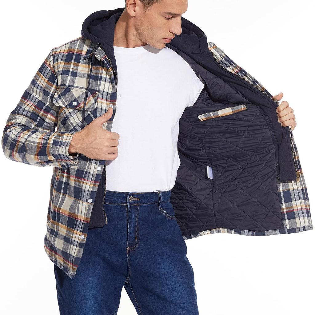 Мужская осенне-зимняя утолщенная куртка-рубашка в клетку с длинными рукавами и лацканами с капюшоном