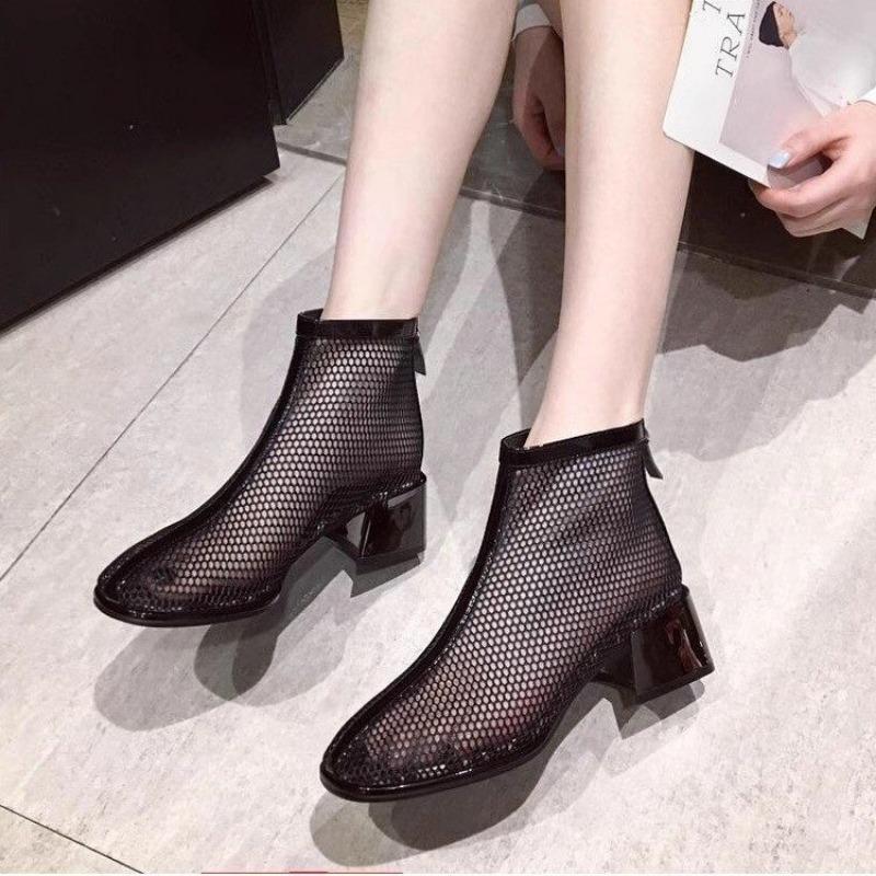 Fashion Black Mesh Hollow Short Boots Women's 2024 New Summer Thin Section Breathable Thick Heel Boots Women's High-top Sandals 35-40