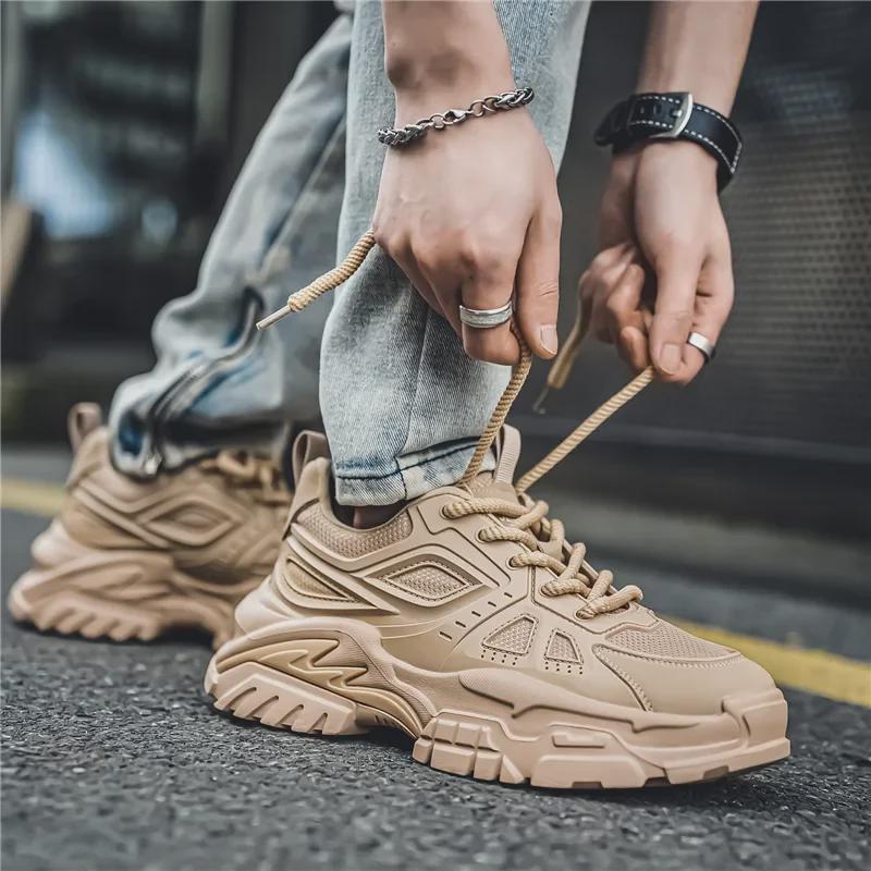 Мужские модные кроссовки из дышащей сетки 2025 года на весну — повседневные, низкие, на толстой подошве для папы-подростков