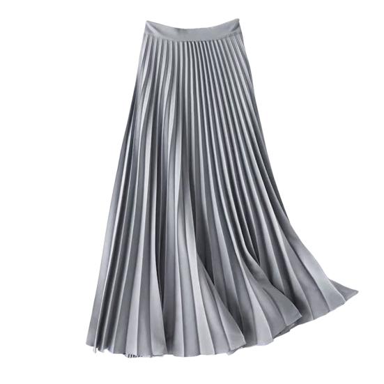 Women Midi Skirt Elastic High Waist Satin Pleated Skirt Solid Color Long Skirt Work Leisure Daily Wear