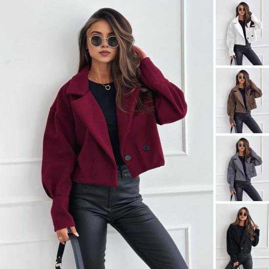 Women Fall Winter Coat Short Type Turn-down Collar Solid Color Loose Button Closure Cardigan OL Commuting Jacket Lady Daily Outwear