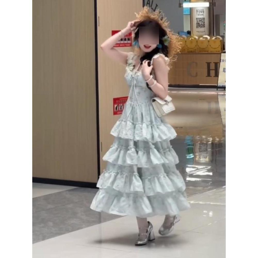 Наденьте розовое цветочное платье для женской летней красоты, пышное длинное платье, пляжный отпуск, талия, юбка-торт