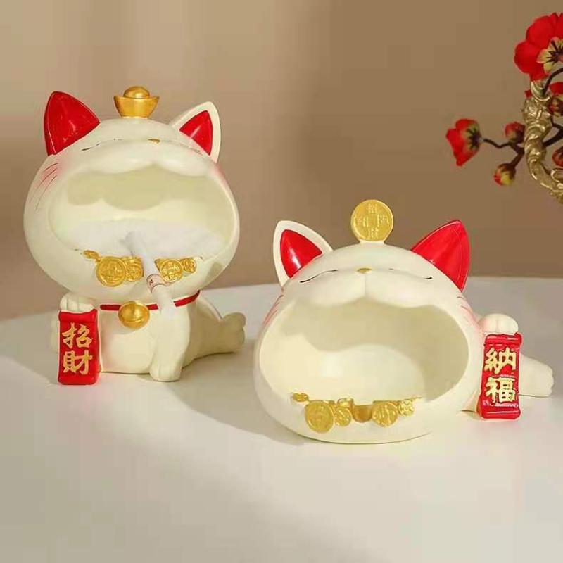 Lucky Cat Storage Tray Statue Resin Sculpture Sundries Candy Storage Box Fortune Cat Figurine Key Holder Living Room Home Decor
