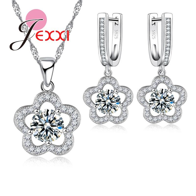New Silver Color Jewelry Sets Flower Shaped Engagement Pendant Wedding Necklace Earrings For Women Jewelry Set