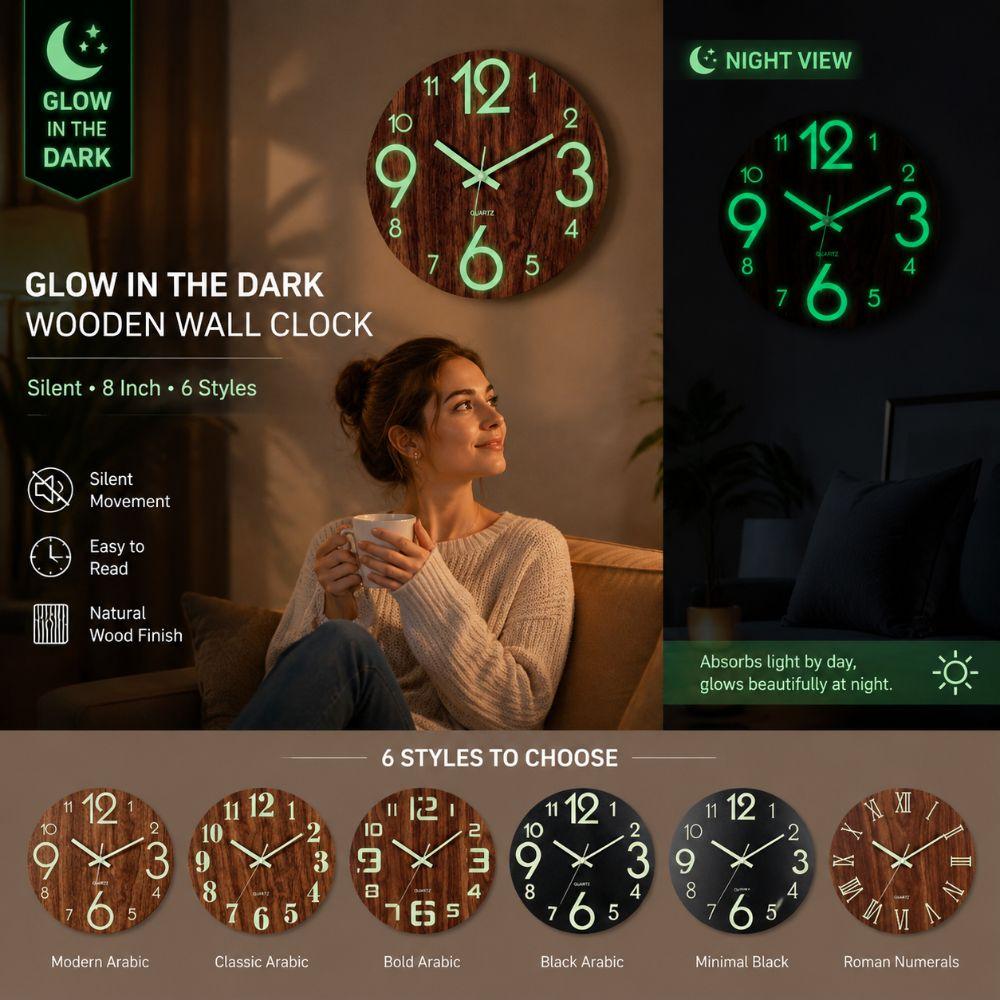 Silent Luminous Wall Clock 8 Inch Quartz Wall Clock Minimalist 3D Wall Clock Office