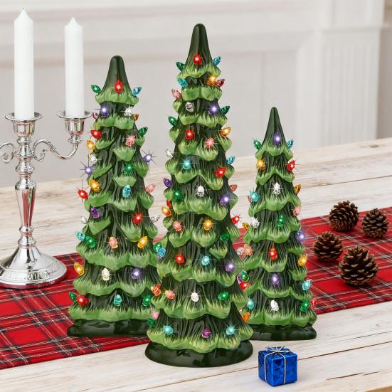 Pre-Lit Hand-Painted Resin Tabletop Christmas Tree Small Light Up Holiday Tree Decoration