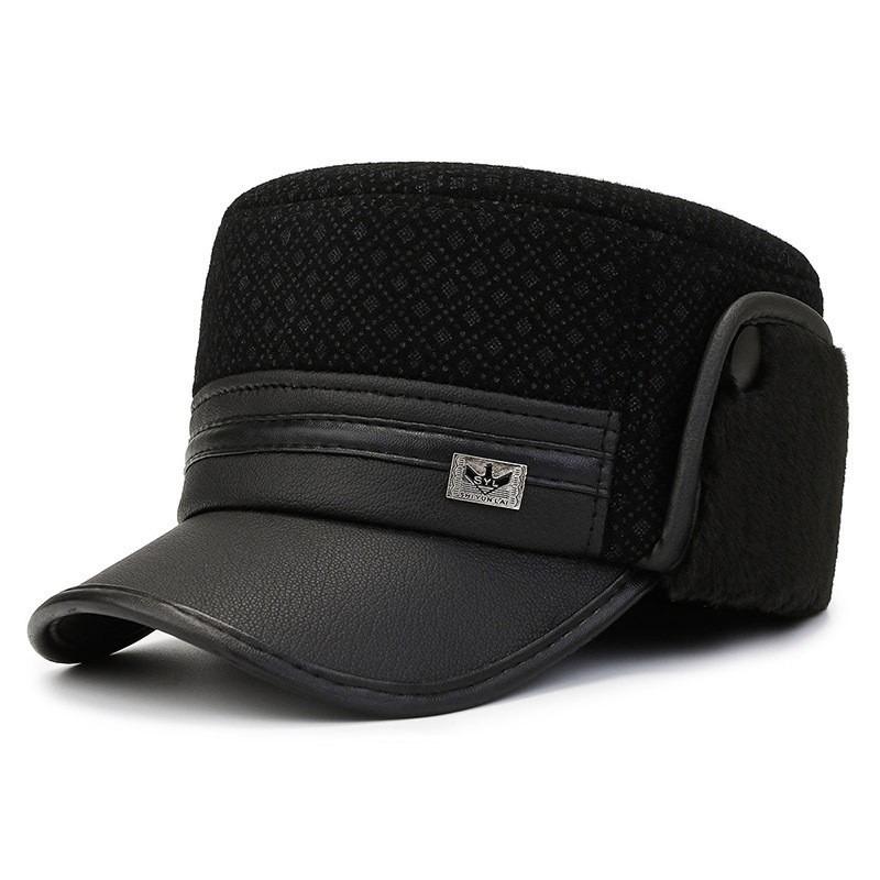 Зимняя новая мужская шляпа с плоским верхом, кожаная шляпа, уличная ветрозащитная, дедушкина бархатная утолщенная шапка с защитой ушей, теплая шапка