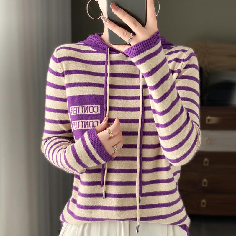 Полосатый вязаный свитер с капюшоном женский осенне-зимний новый свободный повседневный свитер в сочетании цветов носить полосатый свитер