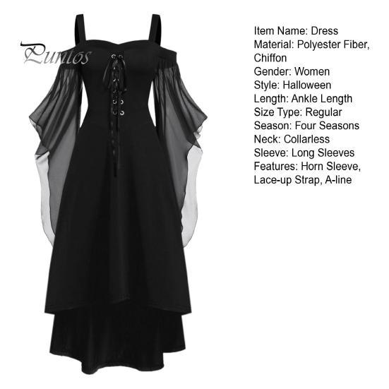 Женское платье для косплея в готическом стиле, костюм ведьмы на Хэллоуин, на шнуровке, без воротника, в тон, с длинными рукавами и рогами, платье трапециевидной формы
