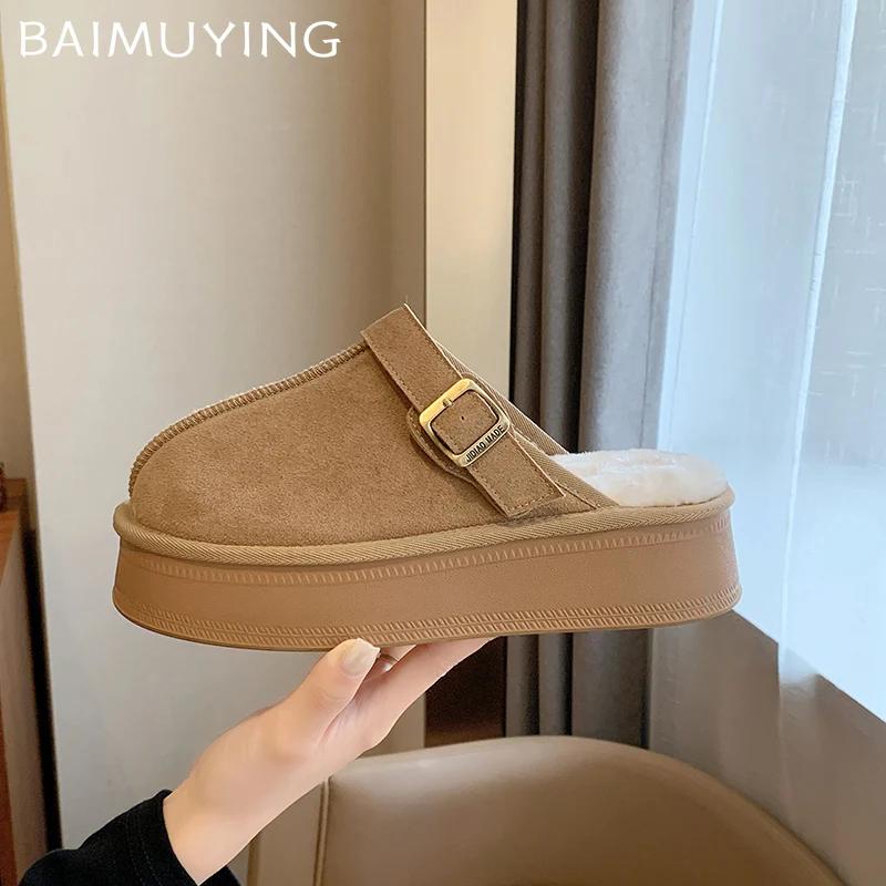 Замшевые женские хлопковые тапочки на платформе, дизайнерские короткие плюшевые повседневные туфли на плоской подошве, модные теплые зимние туфли-мюли 2025 года для снега