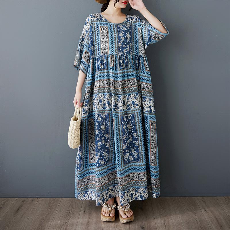 Dimanaf 2025 Плюс Размер Летнее Платье Женщин Цветочный Принт Винтаж Длинное Платье Свободное Повседневное Платье Макси В Богемном Стиле