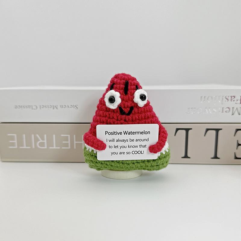 New Positive Crochet Headset Potato Doll with Card for Cheer Up Gifts and Party Decor Handmade Knitted Pencil Doll Desk Ornament