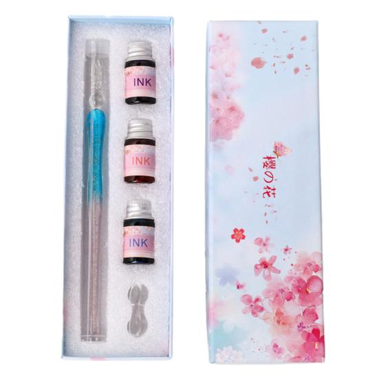 1 комплект, полупрозрачная ручка с цветком вишни, декор с блестками и принтом, стеклянная ручка с чернилами, набор для подарка