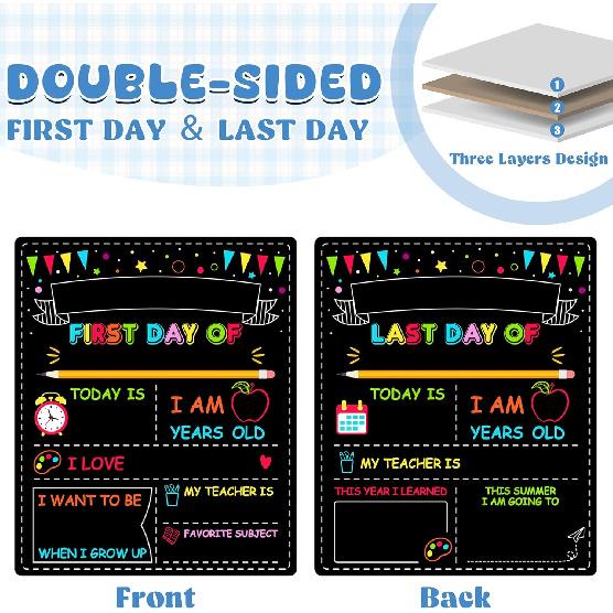 Double-Sided First Day of School Sign Board, 12 × 10 Inches Back to School Sign, Reble Color Painting First and Last Day of Preschool Board,