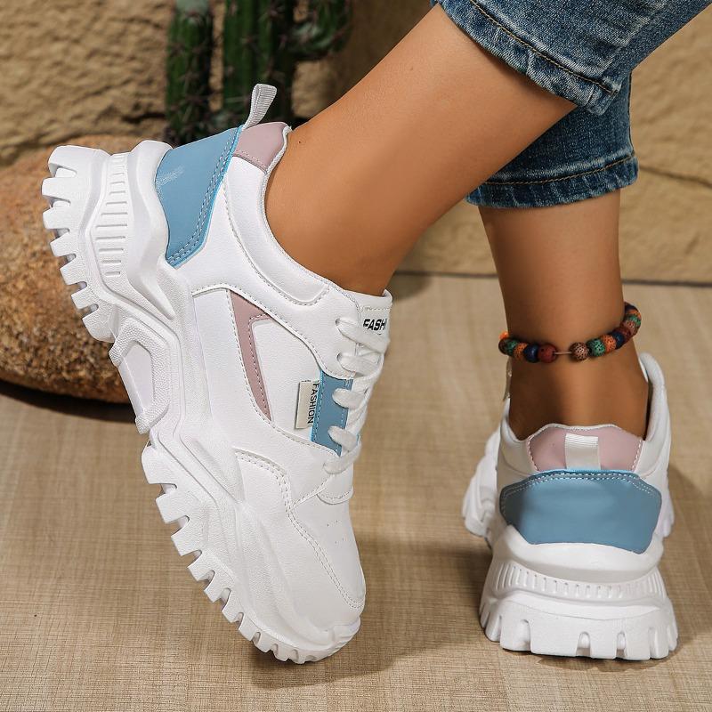 Мода Женская Мода Однотонные Туфли на Толстой Подошве Осень Новые Круглый Носок Глубокий Вырез Шнуровка Спереди Сочетание Цветов Мягкая Подошва Кроссовки