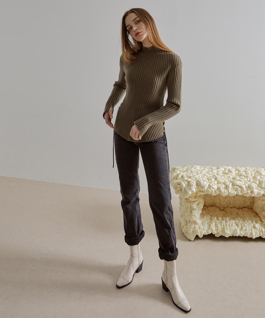 ETMON Slit Sleeve Side Strap Knit Top Khaki