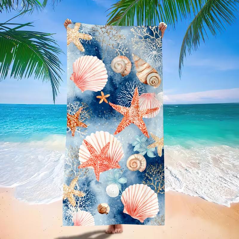 Watercolor Starfish Seashell Print Beach Towel Sand Free Quick Dry Large Towels Summer Beach Swimming Pool Travel Camping