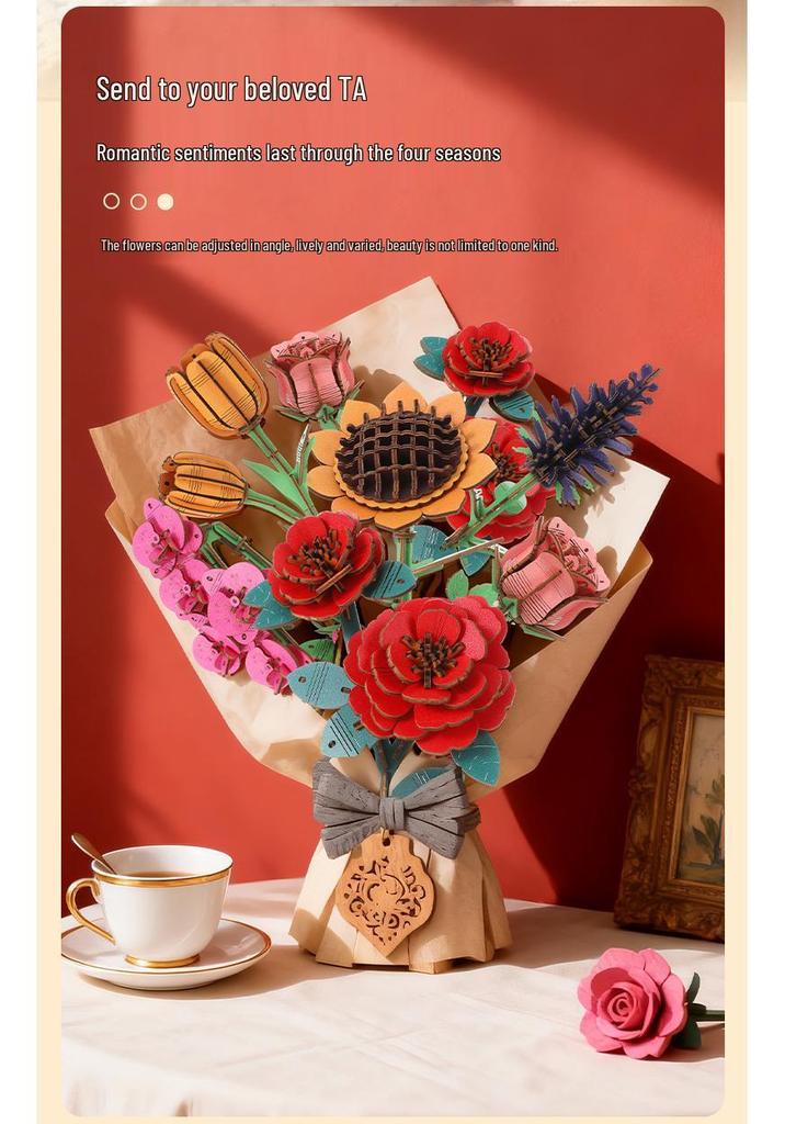 Handmade 3D Wooden Flower Bouquet Model - DIY Desktop Decoration Ornament Gift