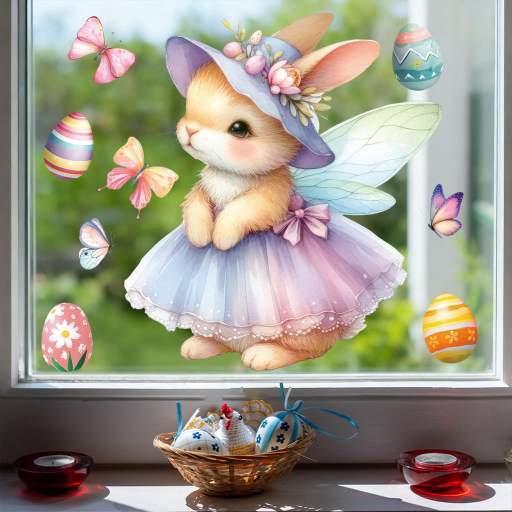 Easter 2026 Window Stickers Cute Angel Bunny Static Cling Decals for Bedroom Living Room Home Decor