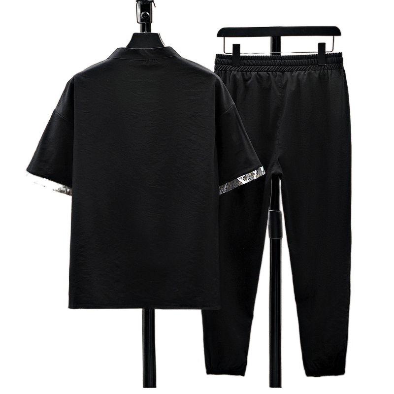 Весна-лето Ретро свободная мужская повседневная футболка с короткими рукавами и V-образным вырезом + широкие дышащие брюки на шнурке из двух предметов