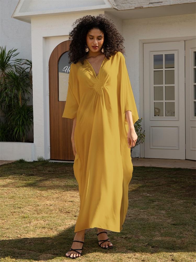 Sexy Vacation White Beach Maxi Dress Women's Hand-knit V-neck Batwing Sleeve Plus Size Kaftan 2024 Summer Beachwear Swimsuit Cover Up Q1306