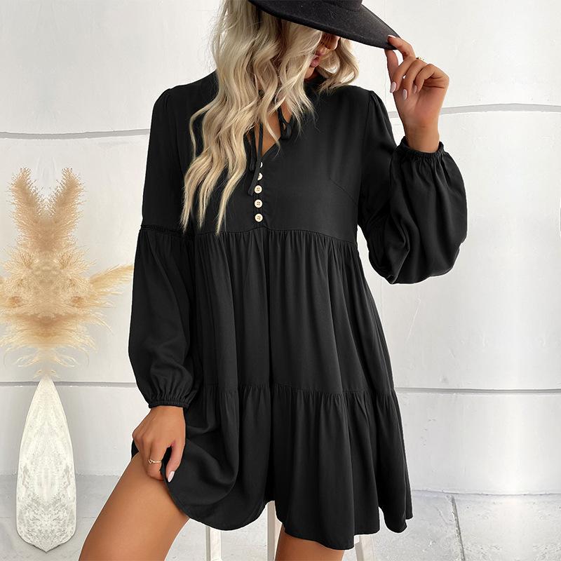 Women's Long Sleeved Autumn Solid Color Patchwork Dress