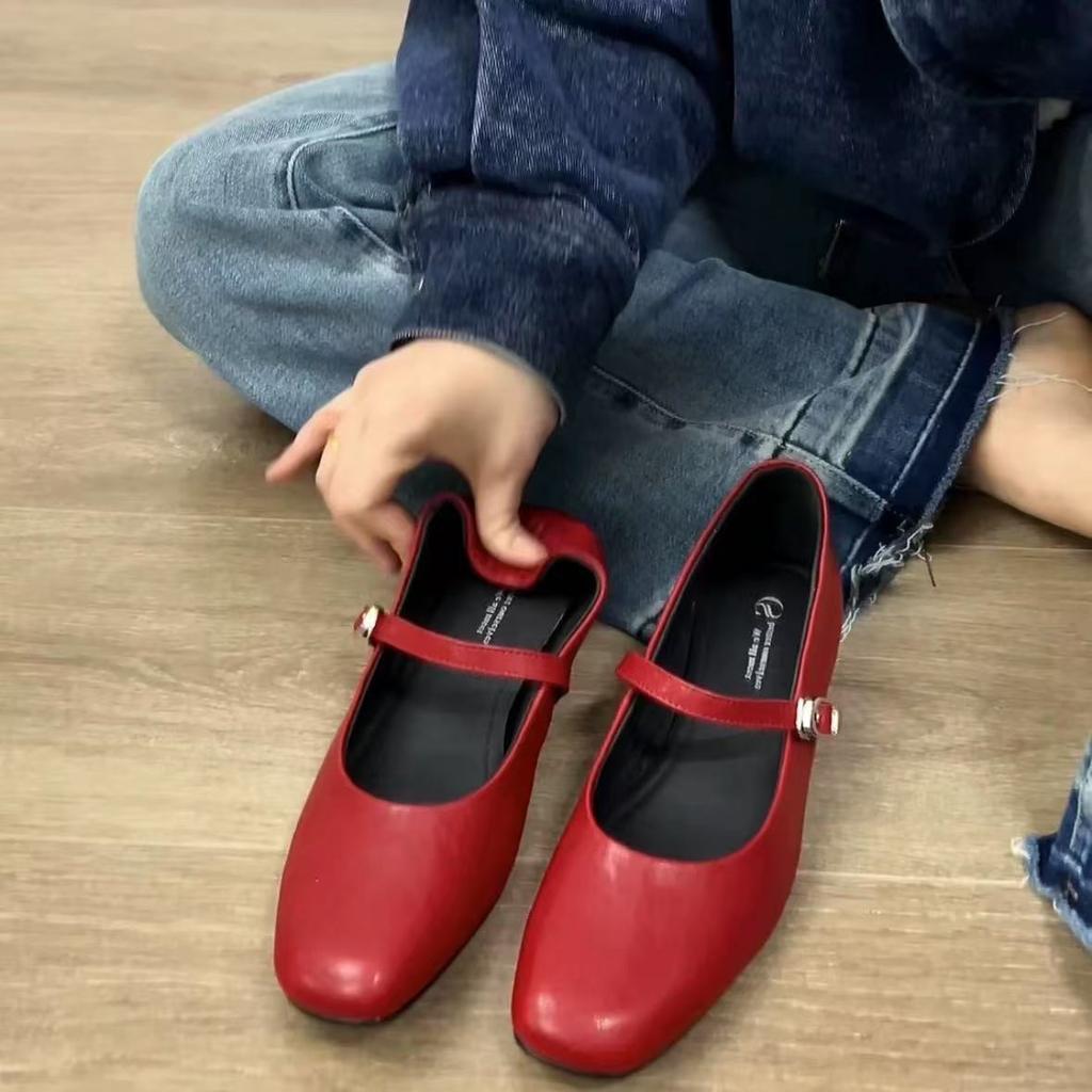 Sheepskin Version of Genuine Leather Mary Jane Shoes Women's French Retro One-pedal Shallow Mouth Square Head Flat Shoes One Word with Single Shoes