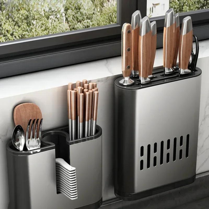 Кухонное хранение Подставка-тубус для палочек Настенная подвесная Без сверления Слив Алюминиевая клетка для палочек Хранение Кухонный органайзер