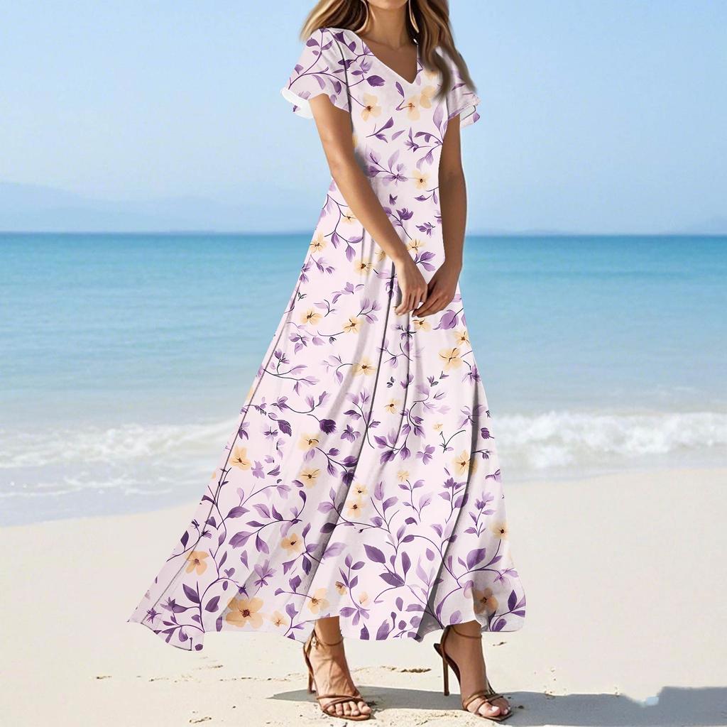 Женские повседневные модные длинные платья с принтом, платья с V-образным вырезом и коротким рукавом