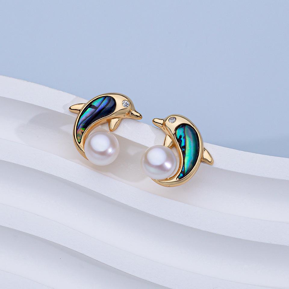 Color Abalone Shell Natural Freshwater Pearl Stud Earrings Women's Earrings Silver Needle High-end Jewelry