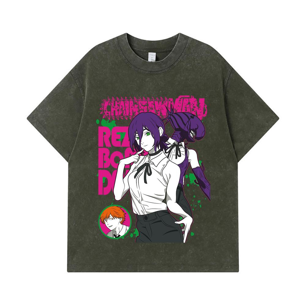 275 GSM Washed T-shirts 100% Cotton Chainsaw Man V44 Reze Print Unisex Heavy Cotton T Shirt